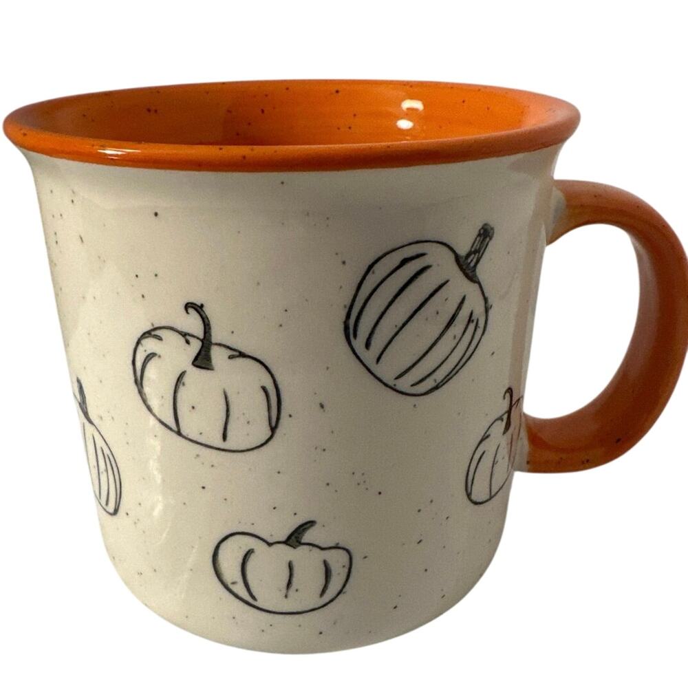 Meritage brand stoneware coffee mug white base w/orange speckled rims & handle